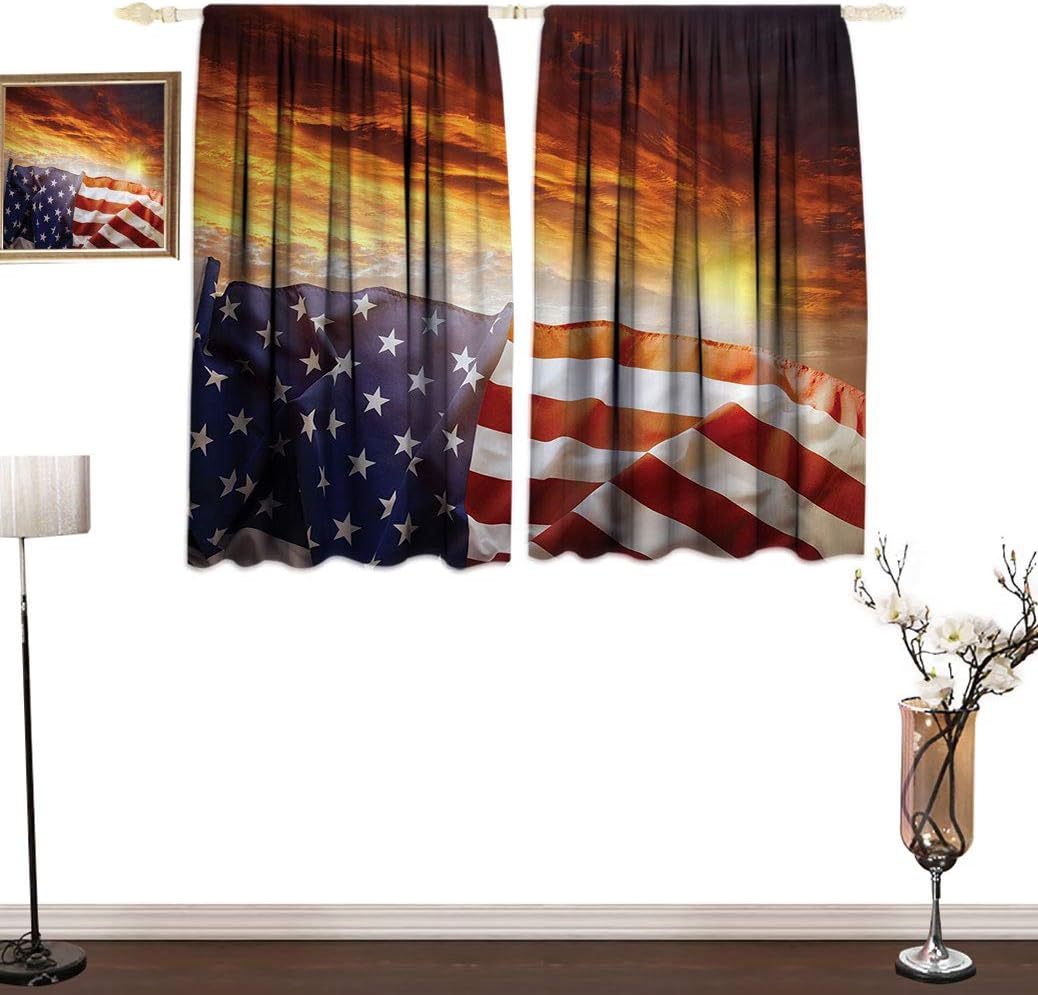 American Flag Decor Lihgtproof Curtain, Flag in Front of Sunset Sky with Horizon