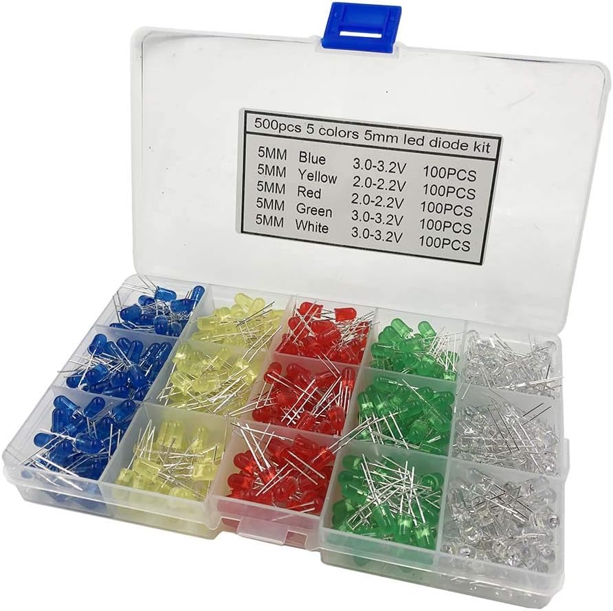 LED Light Emitting Diode Round Assorted Color White/Red/Yellow/Green/Blue Kit Box (φ5mm 500pcs)