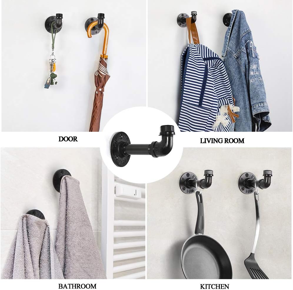 Towel Robe Hook Set, Industrial Iron Pipe Decor Coat Hook for Hanging, Heavy Duty Wall Mounted, Vintage DIY, 3 Pack - - 