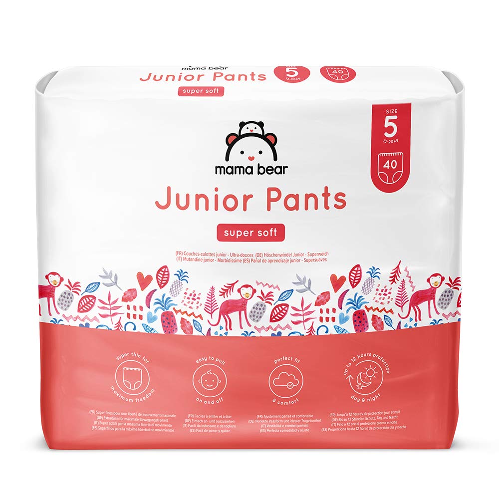 Amazon Brand - Mama Bear Super Soft Junior Nappy Pants, Size 5 (13-20kg), 80 Count (2 Packs of 40), White