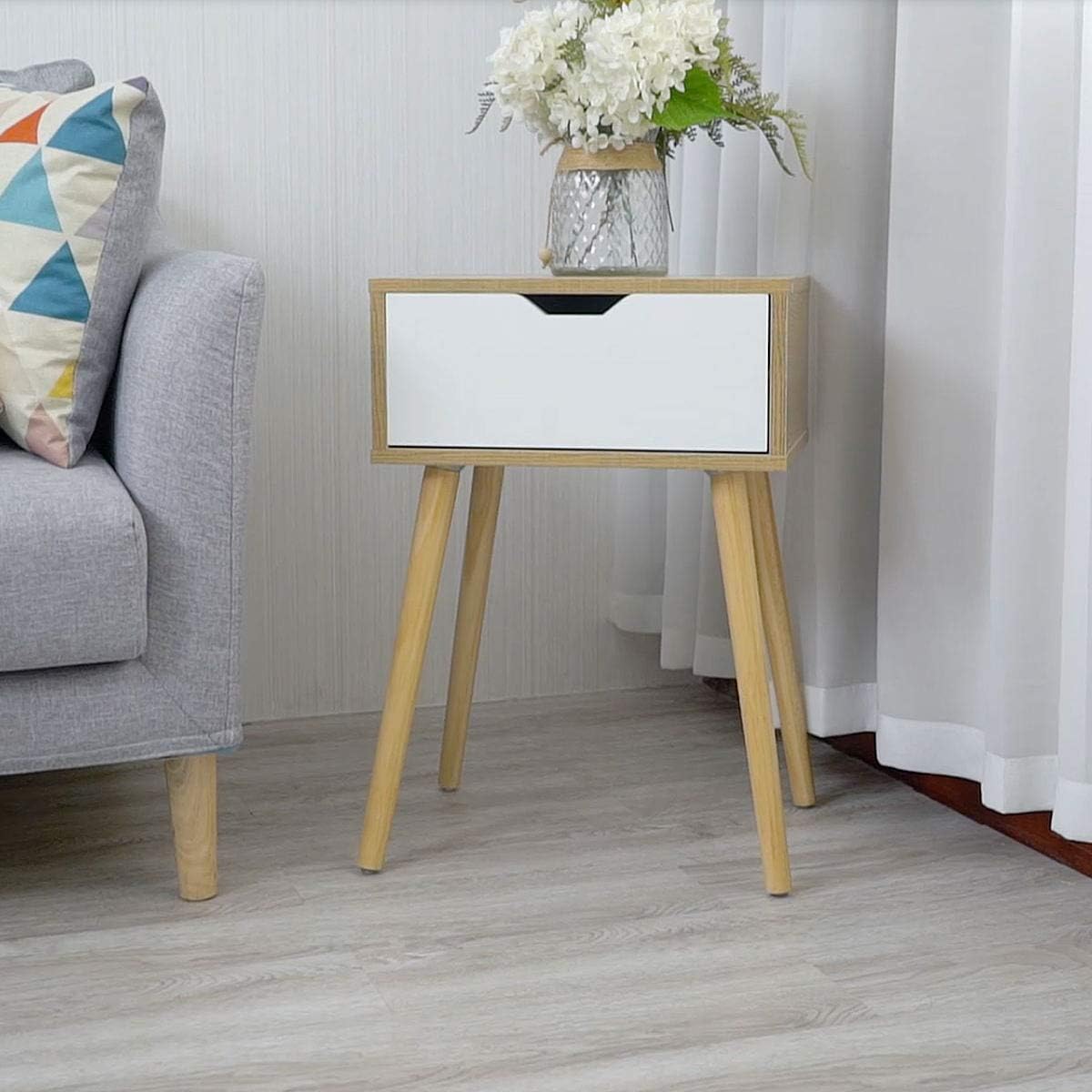 JAXSUNNY Mid-Century Solid Wood Legs Side Table, Bedside Table Nightstand End Table, with White Storage Drawer 23.1" H - Set of 2 in Walnut: Kitchen & Dining