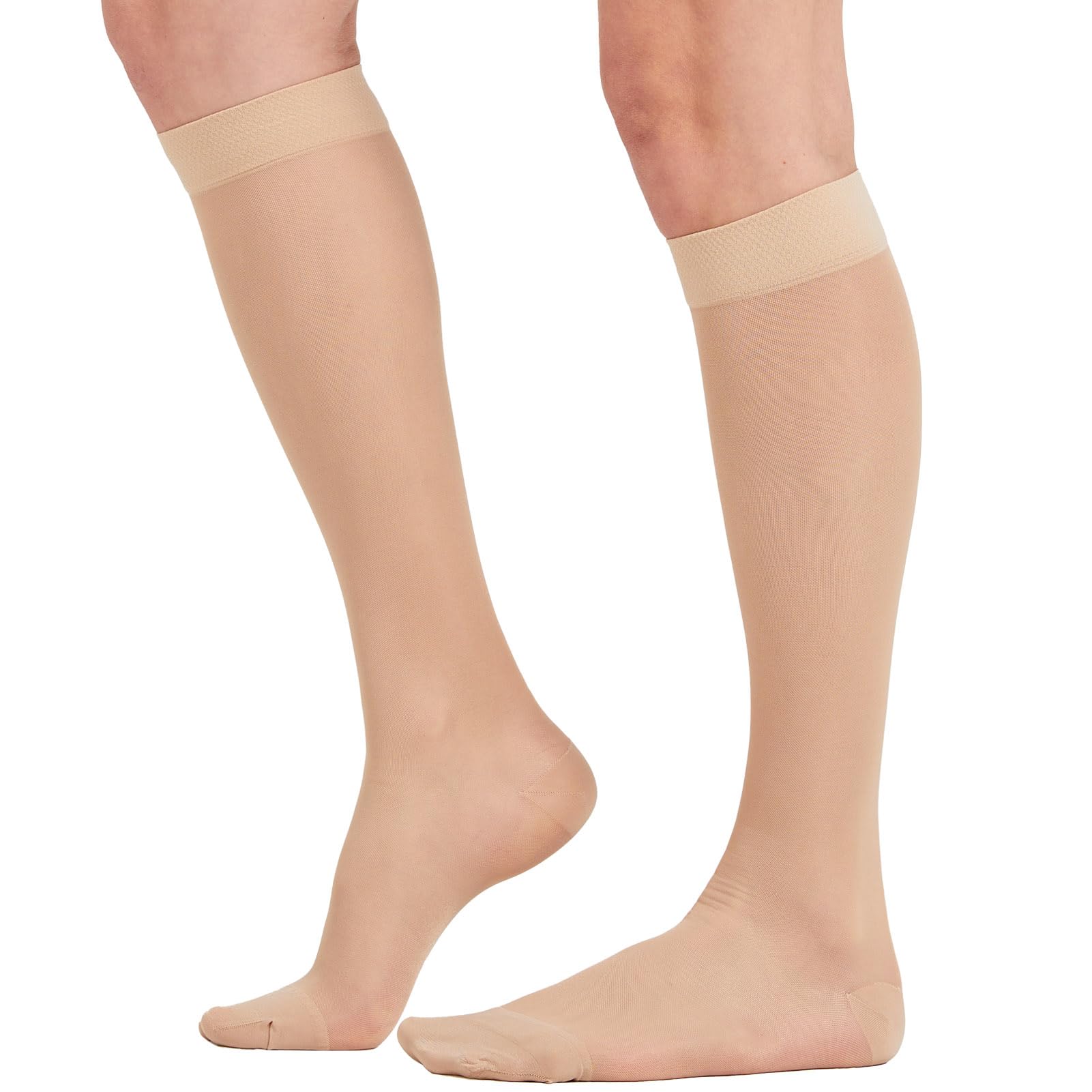Photo 1 of 2 Pairs Sheer Compression Socks for Women - 15-20 mmHg Knee High Sheer Compression Stockings for Support Circulation Swelling Edema Work Office Travel, Beige, Small