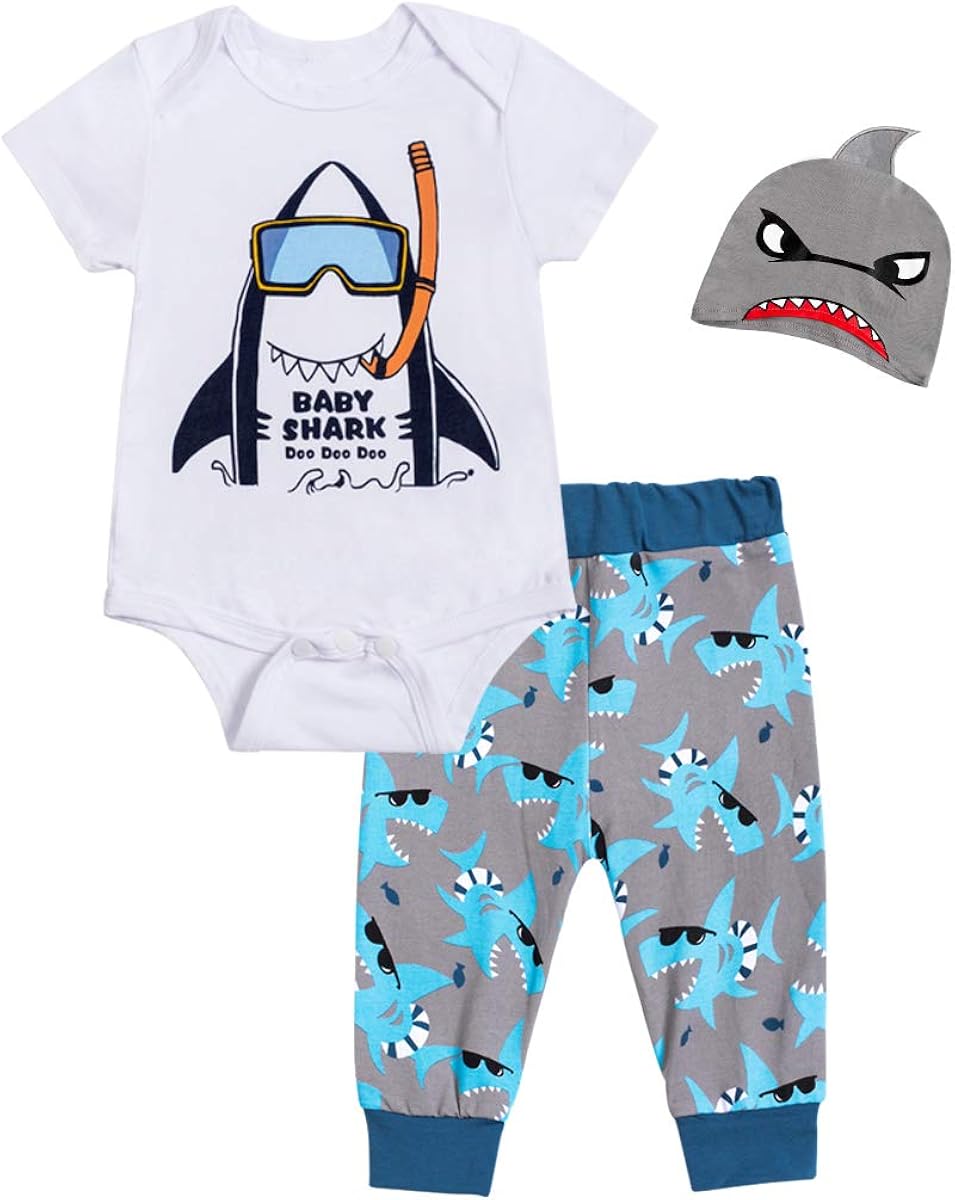 Baby Boy Girl Clothes Shark Doo Doo Print Romper Tops Outfit Set Cute Bodysuit