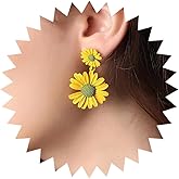 Zeshimb Pink Flower Dangle Earrings Double Daisy Flower Enamel Earrings Boho Metal Floral Stud Earrings Matte Flower Statement Earrings Bridal Jewelry for Women