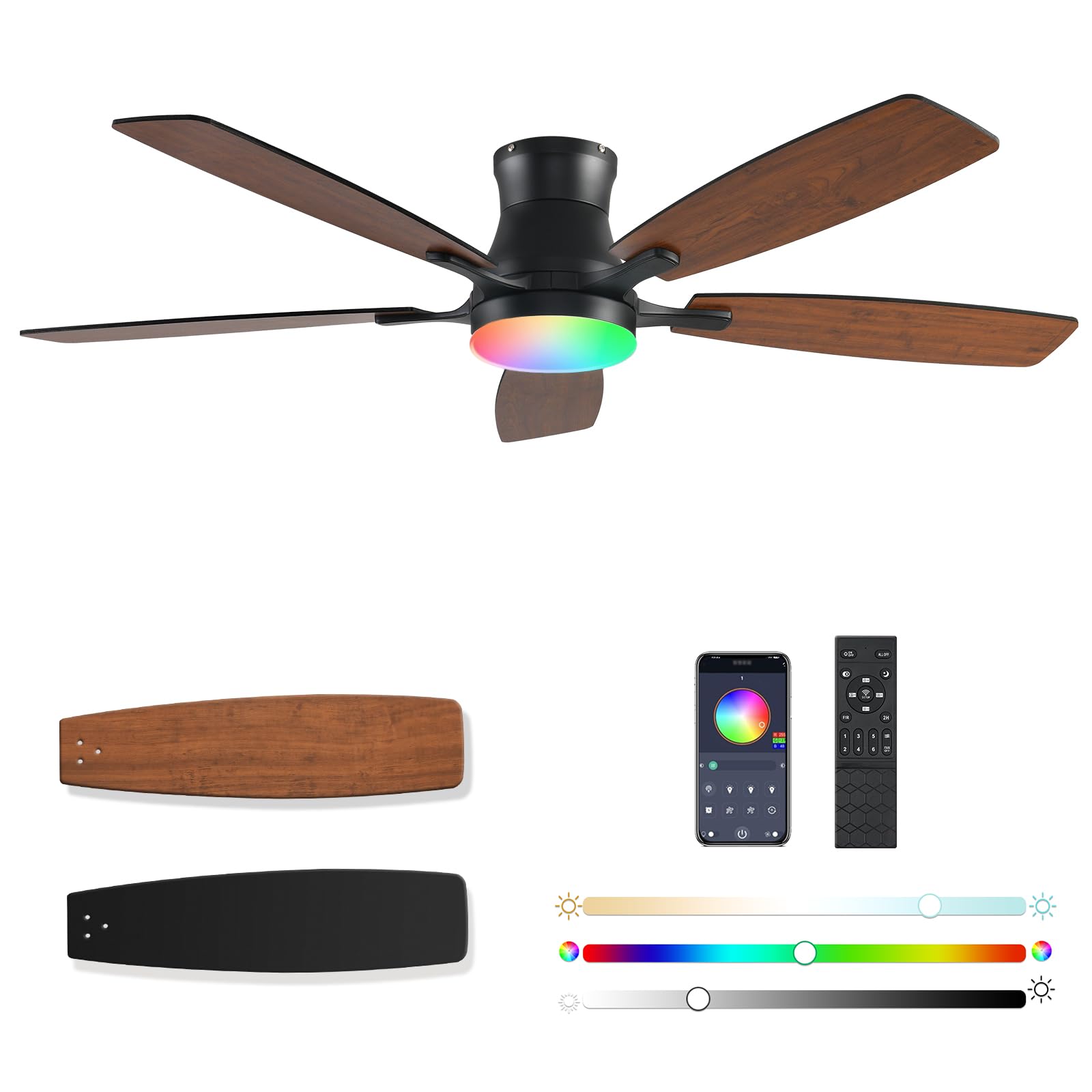Photo 1 of FUMLTP Ceiling fans with Lights, 54 In RGB Low Profile Indoor Ceiling fan with Light and Remote/App Control, Dimmable, Flush Mount, DC Reversible Motor, Noiseless Modern Ceiling Fan For Bedroom?Brown?
