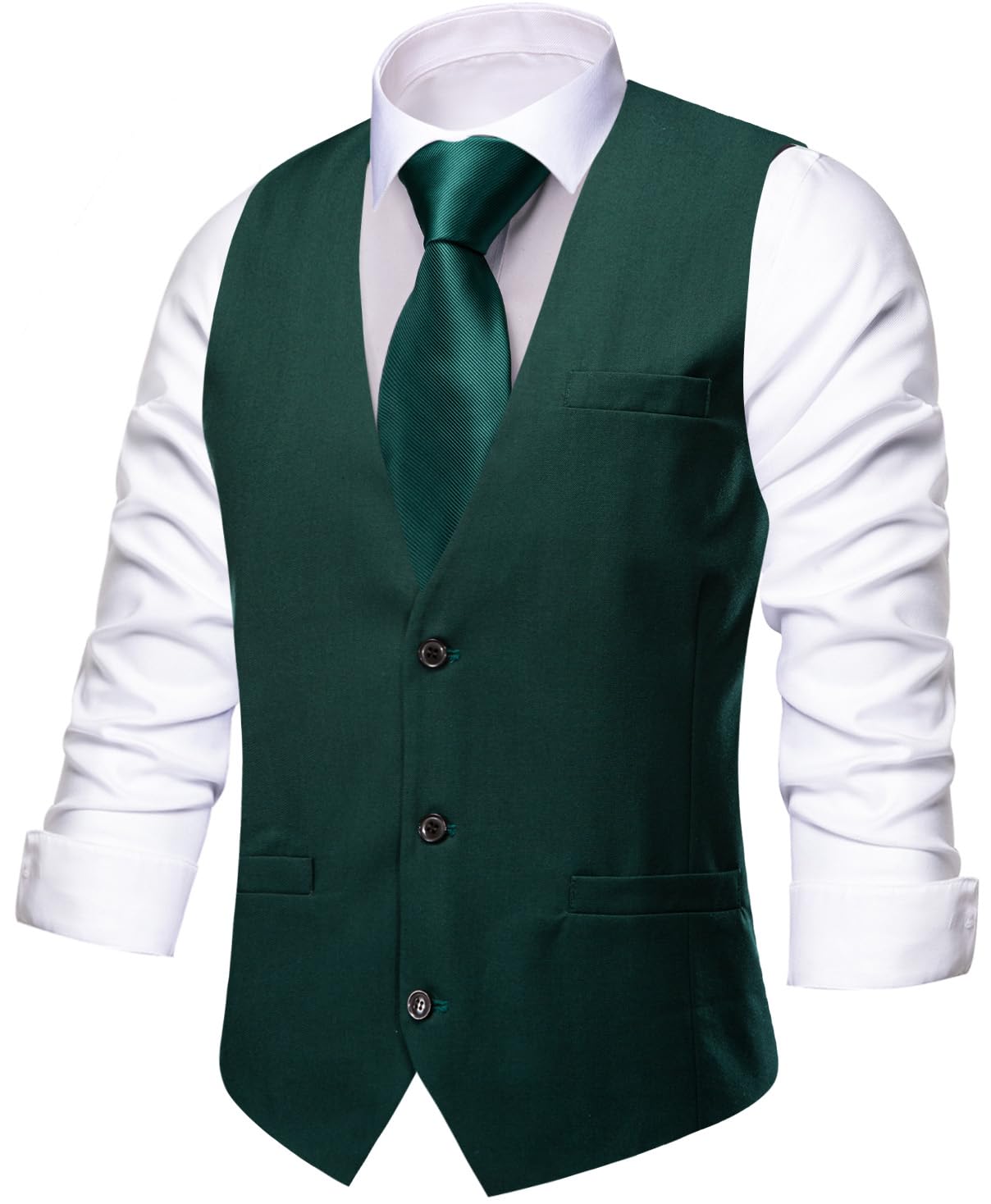 Photo 1 of Hi-Tie Dark Green Suit Vest for Men Slim Fit V-Neck Suit Vest 3 Pockets Formal Casual Tuxedo for Wedding or Business medium 