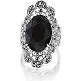 Mytys Retro Vintage Cocktail Statement Ring Black Marcasite & Crystal Rings for Women Antique Silver Big Black Onyx Stone Ring