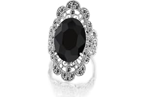 Mytys Retro Vintage Cocktail Statement Ring Black Marcasite & Crystal Rings for Women Antique Silver Big Black Onyx Stone Ring