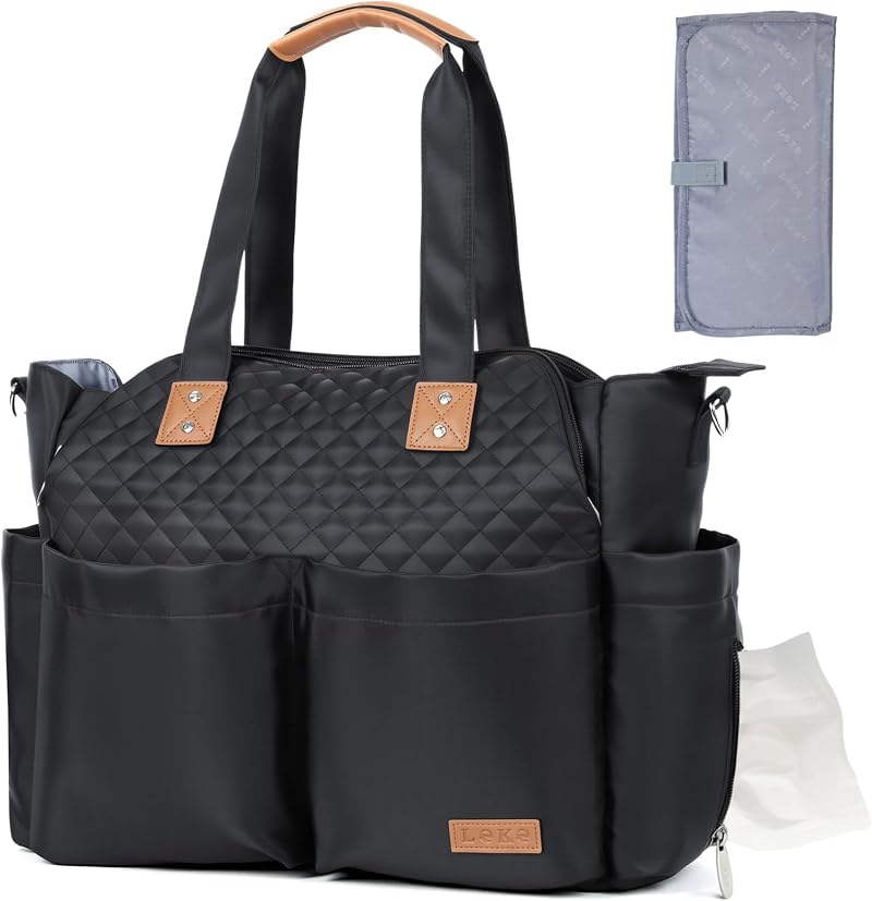 Lekebaby Large Nappy Changing Bag Quilted Black with Mat Diaper Tote