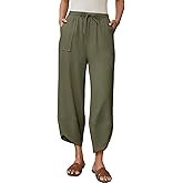 Jiflora Women's Harem Cotton Linen Pants Wide Leg Capri Beach Pants Palazzo Cropped Drawstring Trousers with Pockets