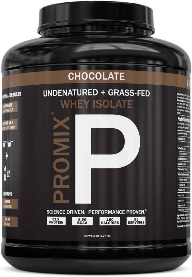 PROMIX: #1 Chocolate Undenatured Grass Fed Whey Isolate. Cold Processed -> Multi-stage Micro-filtration. 30G Protein /6.9G BCAA /.5G Fat /2G Carbs / <1g Lactose.Easy to Mix. (5LB bulk). Chocolate: Health & Personal Care