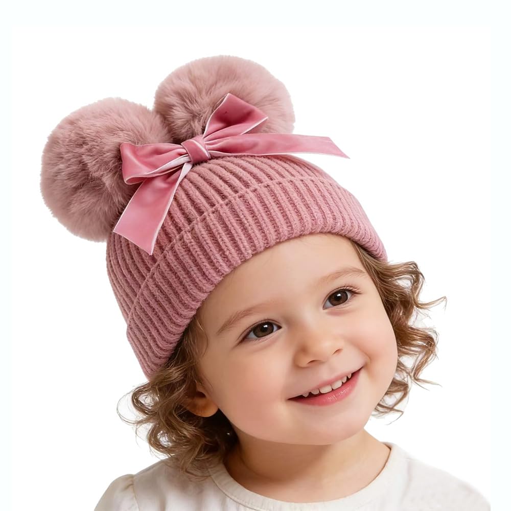 Uniyoung Baby Winter Hat Toddler Bowknot Thicken Warm Knit Beanie with Double Pompom Kids Outdoor Skull Cap for 6 Months to 3 Years Old Girls (Dark Pink)
