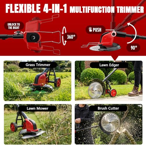 20000 RPM Electric Weed Wacker with Wheel,12″ Brushless Cordless Weed Eater Battery Powered, 4-in-1 Brush Cutter/String Trimmer/Grass Edger/Lawn Mower,Stringless Weed Trimmer 2 Battery (Red)