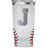 Onebttl Personalized Baseball Gifts for Teen Boys, Men, Coaches, 20oz Stainless Steel Tumbler with Laser Etched Initials for Baseball Players, Lovers, White - J