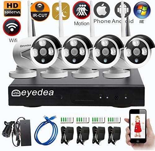 Eyedea 4CH WiFi 5500TVL 1.3MP NVR Wireless Camera Video Surveillance DVR Strong Signal Easy Setup with IP Network 960P Night Vision Home Store Business CCTV Security Camera Smart Phone APP Remote View