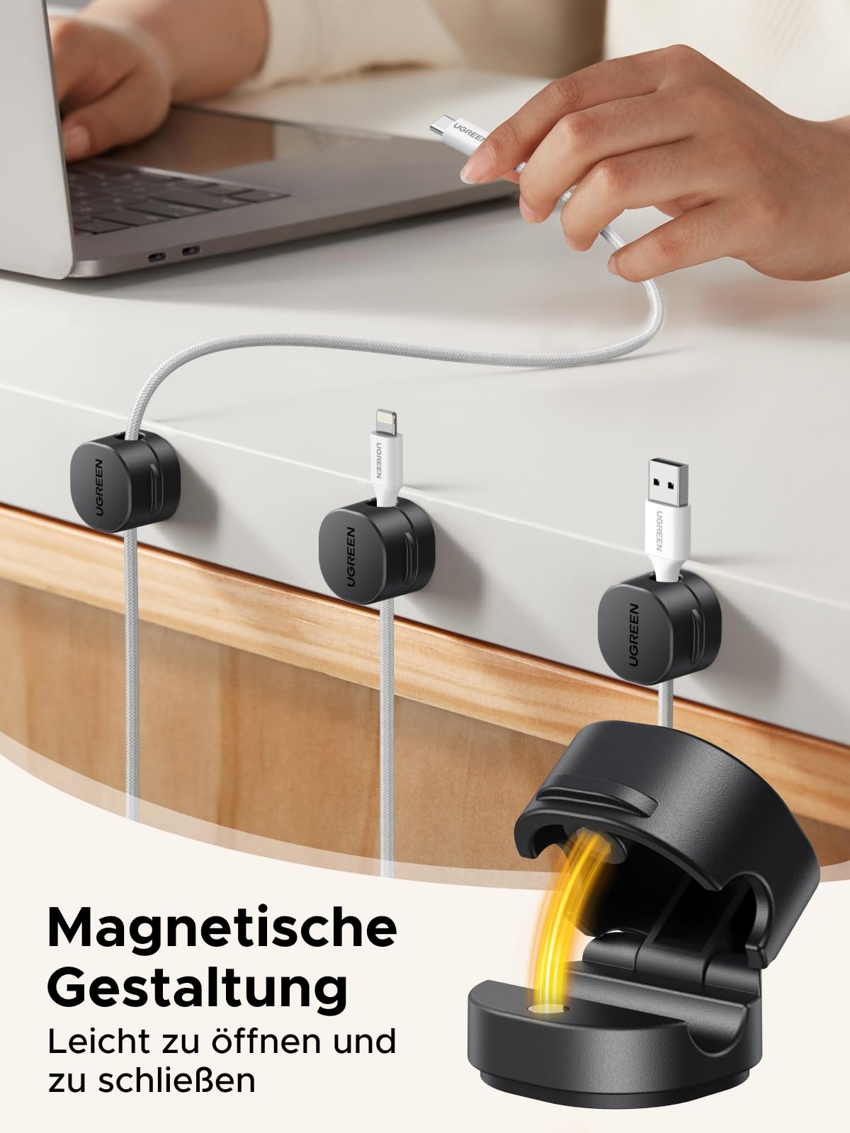 UGREEN 6 Stück Kabelhalter Kabelclips, Magnetische Selbstklebende Kabel Organizer, Einhandbedienung, Kabelmanagement für USB Ladekabel Netzkabel Audiokabel, Kompatibel mit Kabel bis zu 7,5 mm 2