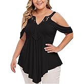 ROSE GAL Rosegal Women Plus Size Cold Shoulder Top Floral Applique Ruched Draped T-Shirt Open Shoulder Tunic Top