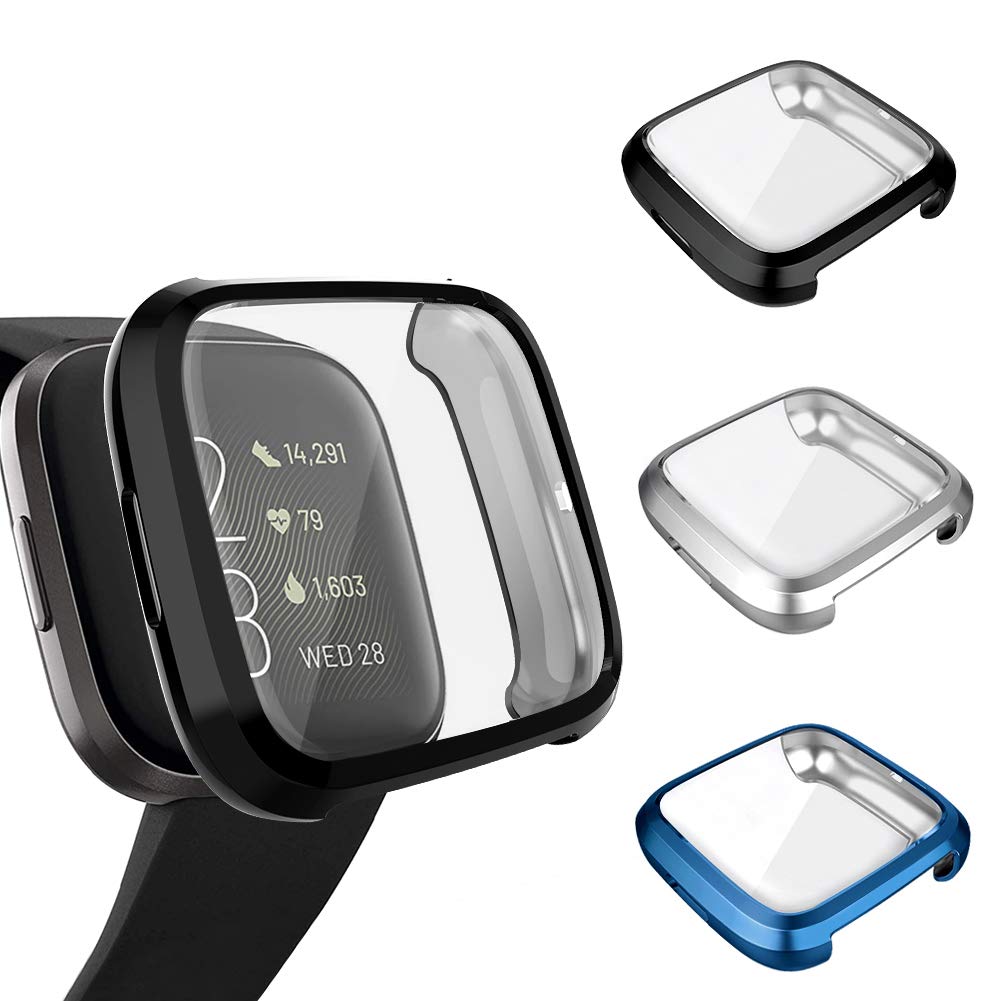 GHIJKL 3 Pack Screen Protector Compatible Fitbit Versa 2 Case, Ultra-Thin Slim Soft TPU Protective Case All-Around Full Cover Bumper Shell for Fitbit Versa 2 Smartwatch, Black, Silver, Blue