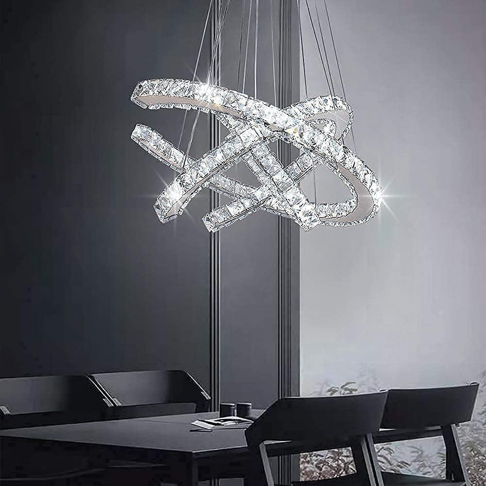 Generic Qihang Modern Crystal Chandeliers 3C LED Pendant Lamp Adjustable Stainless Steel Ceiling Lighting Bright Fixture for Living Room Dining Room Bedroom(Cool White): Home Improvement