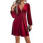 Sparkly Velvet Glitter Sequins Dress for Women Red Casual A Line Long Sleeve V-Neck Cocktail Party Night Sexy Mini Dress