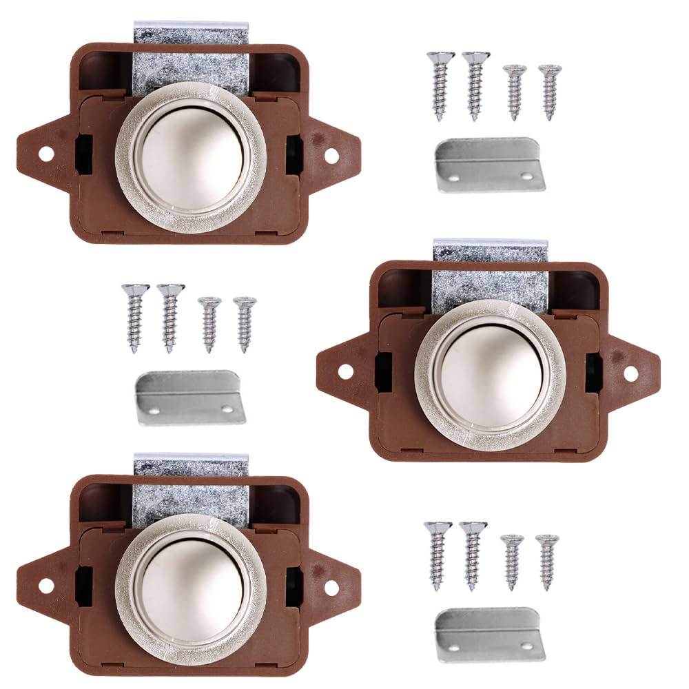 Kellegour 3 Pack Push Button Latch Catch, Brown Cupboard Door Knob Latch, Push Button Locks for Camper Cupboard Caravan Motorhome