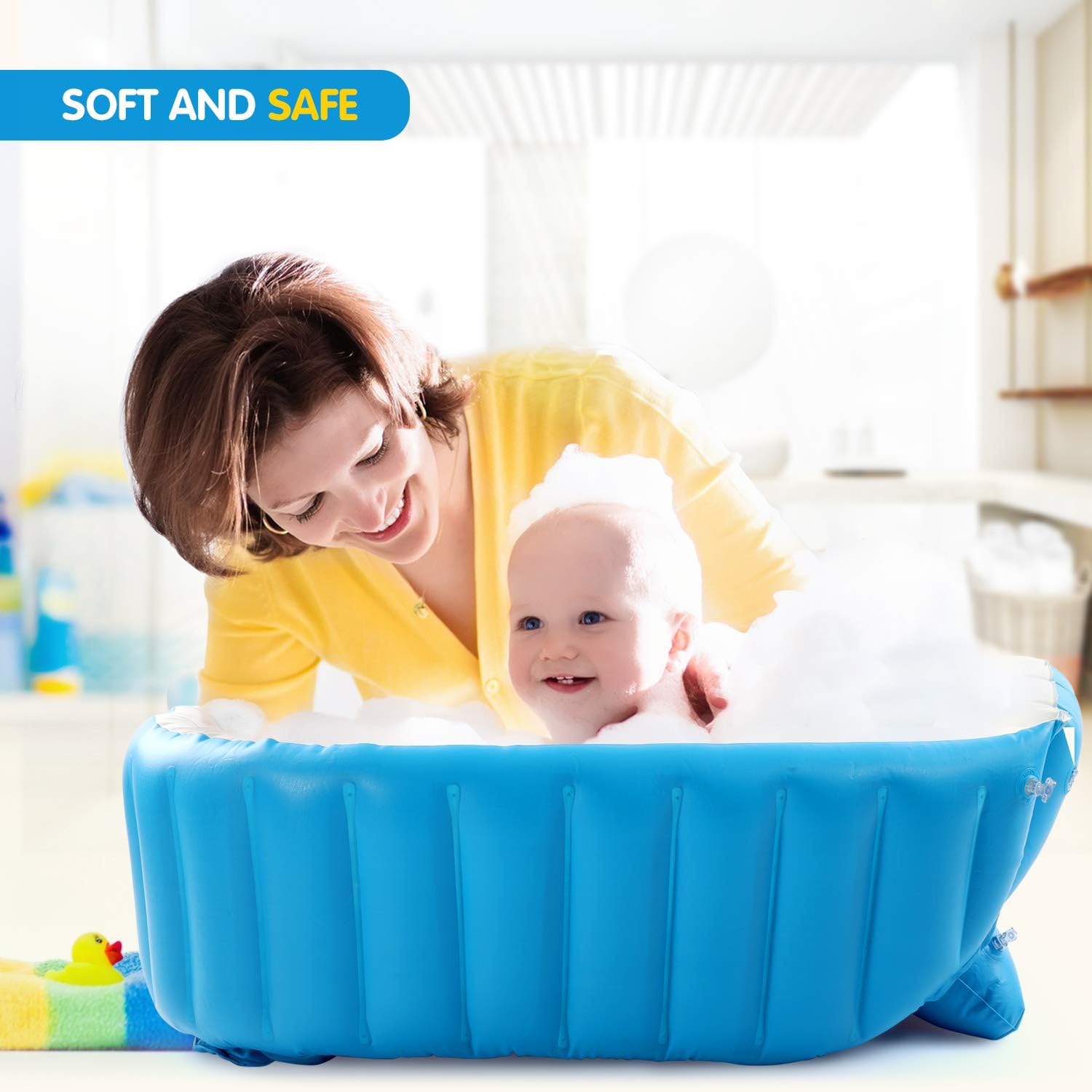 Baby Inflatable Bathtub, Portable Infant Toddler Bathing Tub Non Slip Travel Bathtub Mini Air Swimming Pool Kids Thick Foldable Shower Basin with Air Pump, Blue: Home Improvement