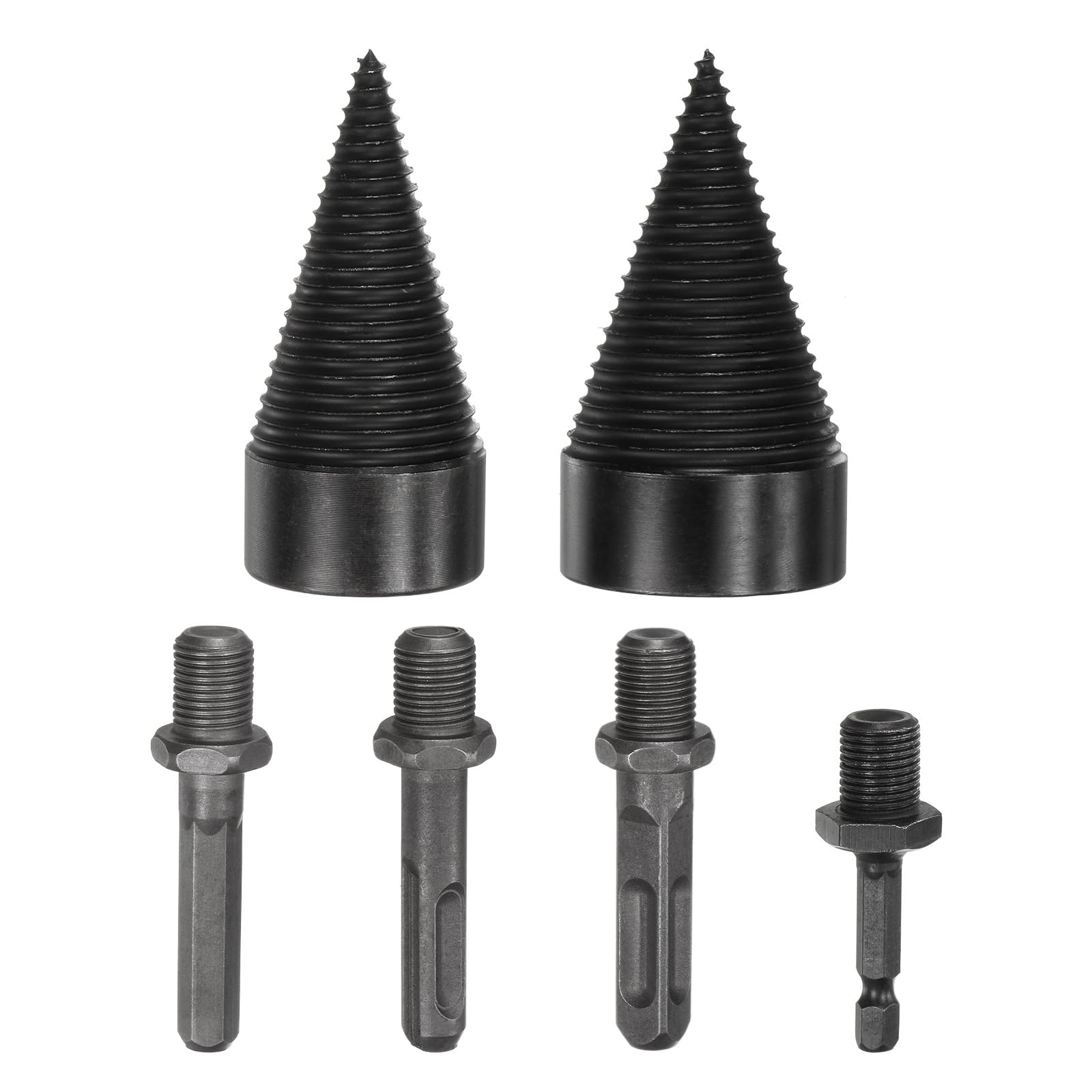 M METERXITY 2-Pack Wood Splitter Drill Bit 42mm + 50mm + 4 Handles (Square + Round + Hex Shank + Small Hex) Firewood Log Splitter Drill Bit for Family/Outdoor/Stove/Farm [Black+Grey]