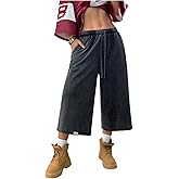 RoseSeek Women's Drawstring Waist Workout Sweat Shorts Wide Leg Baggy Washed Cropped Pants with Pockets