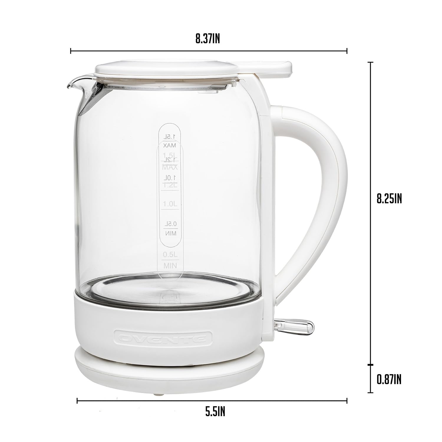 OVENTE Electric Kettle with 1.5L Borosilicate Glass, 1500W Fast Boiling Water Heater for Coffee or Tea, Easy to Fill Lid, Auto Shut-Off, Boil-Dry Protection & Stainless Steel Filter, White KG516W