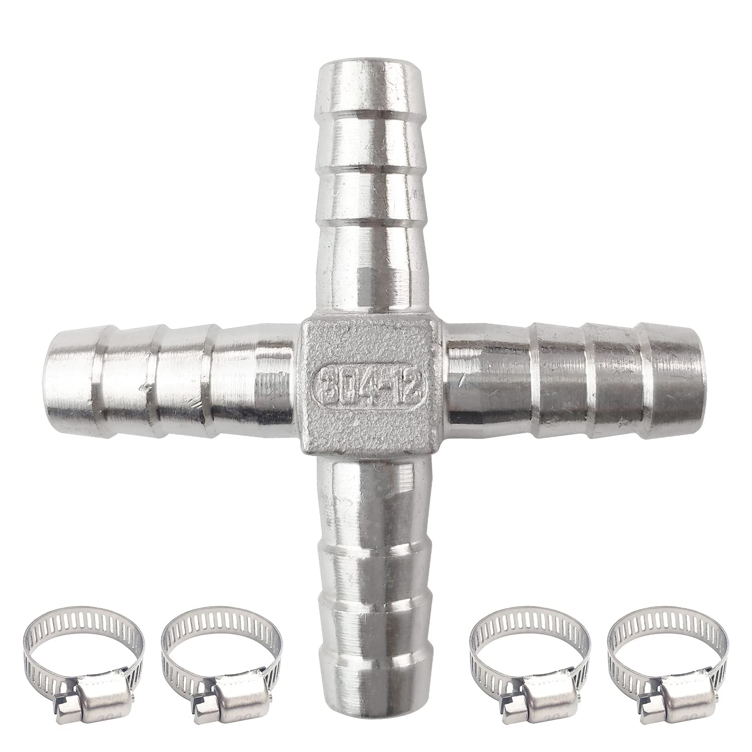 Photo 1 of JENSWILL 1/2" Stainless Steel Hose Barb Fitting 4 Way Cross Barbed Splicer Mender Union Fitting with 4PCs Hose Clamp for Oil Water Air