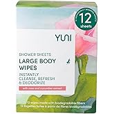 YUNI Beauty Large Body Wipes (Rose Cucumber, 12 Count) Soft Moist Showerless Wipe, Cleanse & Deodorize Waterless Travel Body Cleanser, Biodegradable Individually Wrapped Body Wipe for Camping or Gym