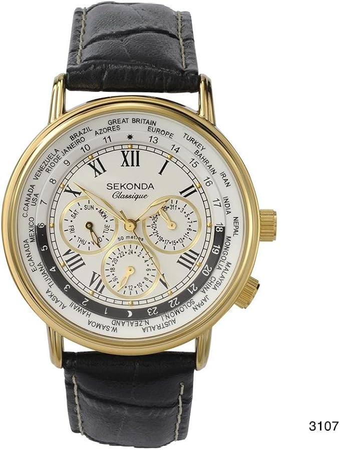 Sekonda Classic World Time Gents Watch White Dial Black Leather Strap
