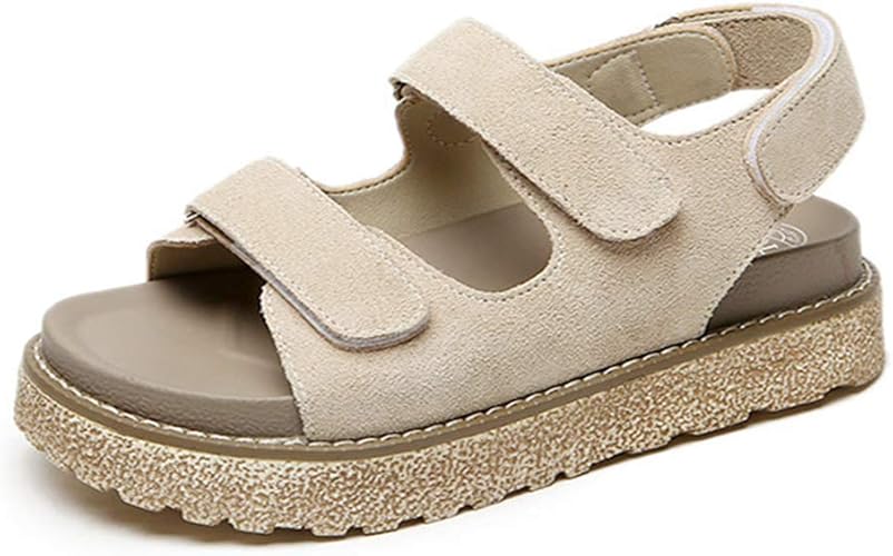 Amazon Merryco 可愛い 厚底靴 グラディエーターサンダル ビーチサンダル スポーツサンダル レディース 女子高生 学生 通学 リゾート 水遊び スエード ベルクロ マジックテープ 調整可能 低反発 歩きやすい 疲れにくい ベージュ Merryco スポーツサンダル