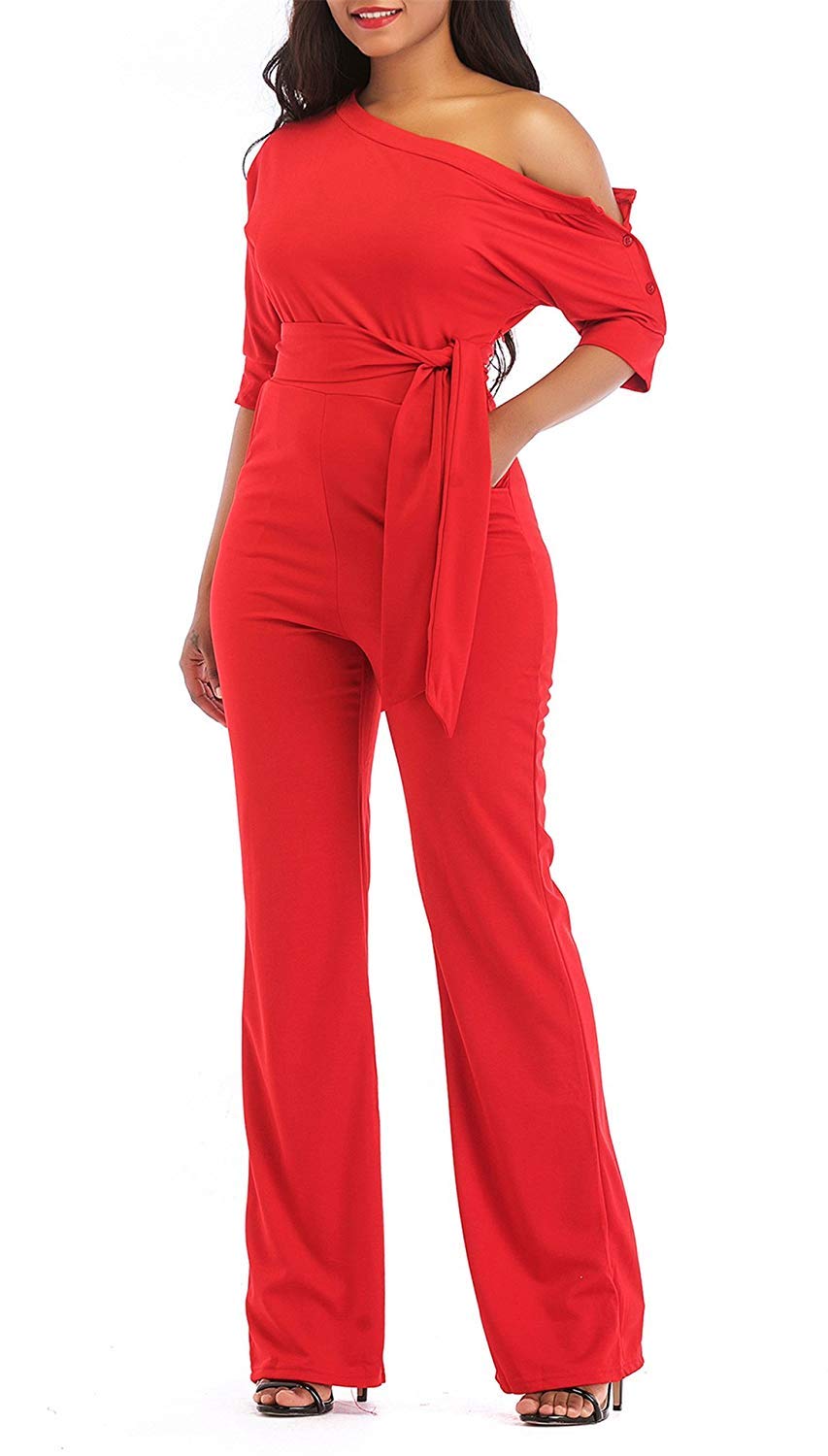 Women\'s Sexy One Off Shoulder Jumpsuits Wide Leg Long Romper Pants with Belt Red L