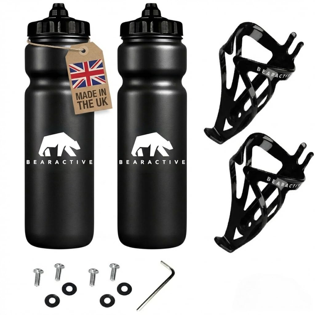 Bearactive 2 Pack Bike Bottle Holder with Bike Bottle 750ml - BPA Free Leak Proof Bicycle Squeeze Bottle with Valve Lid – Lightweight Plastic Bottle Cages with Screws for Road & Mountain Bikes