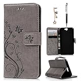 HTC One A9 Case Wallet, MOLLYCOOCLE PU Leather Wallet Embossed Florals Kickstand Magnetic Flip Case Card Holders & Hand Strap Case Cover for HTC One A9 -Gray