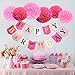 Mudder Happy Birthday Banners Paper Pom Poms Flowers with 3 Meters Strip for Birthday Party Decorations