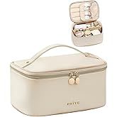 Prite Makeup Bag, Large Capacity Portable Travel Cosmetic Bag, Waterproof Makeup Organizer for Women with Handle and Divider (001 Beige)