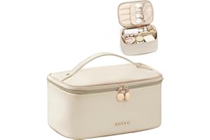 Prite Makeup Bag Portable Cosmetic Organizer with Brush Holder Waterproof Travel Toiletry Bag for Women with Handle and Divider (Beige)