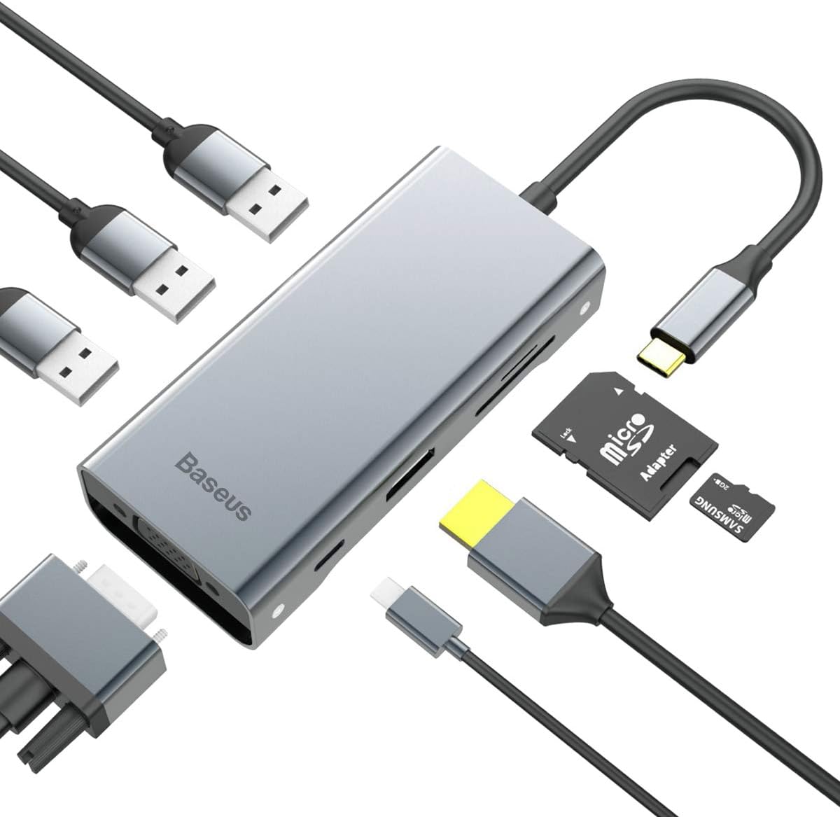 Baseus Aluminum MultiPort Adapter, 8in1 USB C Hub Adapter with 4K