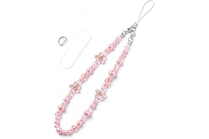 Uchyius Cherry Blossom Phone Chain Wristlet, Kawaii Pink Flower Beaded Lanyard Wrist Strap, Cute Camera Charm