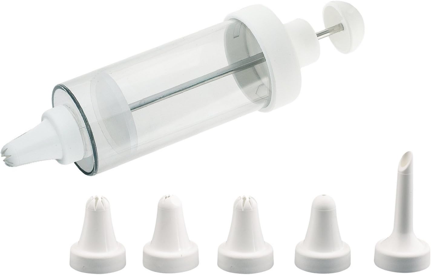 Westmark Garnierspritze mit 5 verschiedenen Form-Tüllen, Füllvolumen: 180 ml, Kunststoff/Rostfreier Edelstahl, Garnierkünstler,Transparent/Weiß, 31152260