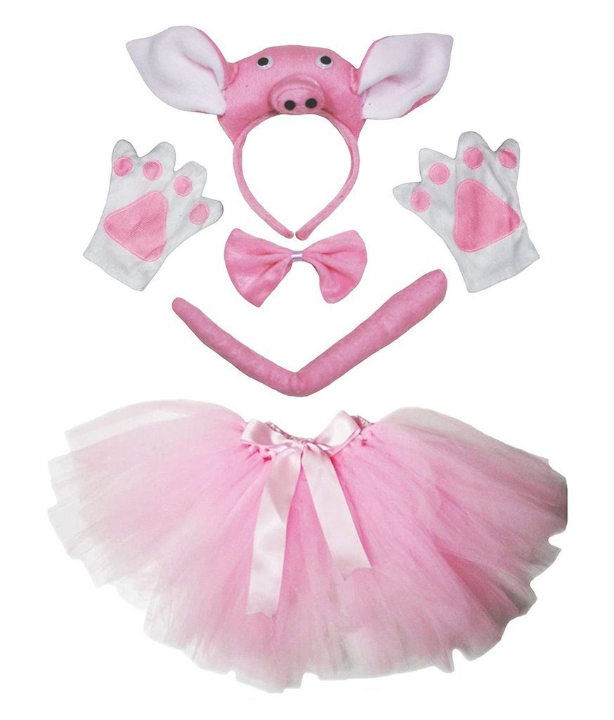 Petitebelle Cute Headband Bowtie Tail Gloves Tutu 5pc Girl Costume 1-10y (Pig(Pink), 1-5 Years)