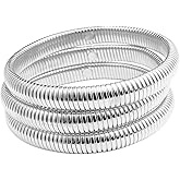 Pingyongchang Gold Silver Chunky Bangle Stretch Bracelets For Women Men 14K Gold Filled Stainless Steel Bracelet Stretchy Link Chain Bracelet Wide Wristband Non Tarnish Trendy Jewelry Set of 3