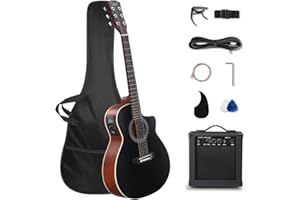 GLARRY 41in Full Size Acoustic Electric Guitar Beginner Kit with 15W Amp, 5-band EQ Cutway Design 6 Strings Electric Acoustic Guitar with Bag, Strap, Picks, Strings, Wrench (Black)