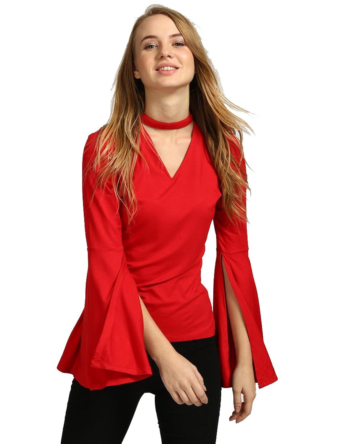 era style red v neck full sleeve top for women western wear