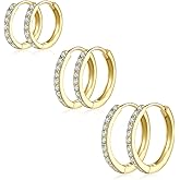Small Hoop Earrings Cubic Zirconia Huggie Hoop Earrings 3 Pairs 14K Gold Plated Cartilage Piercing Earrings Tiny Trendy Earrings for Women Men Hypoallergenic Multiple Stack Jewelry Gift
