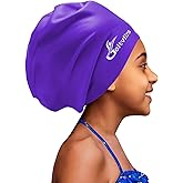 Extra Large Swim Cap for Kids Black Girls Aged 4 to 16 with Long Hair Braids Dreadlocks, Waterproof Silicone Swimming Hat Turban Hair Protection for Boys Toddler Children Youth
