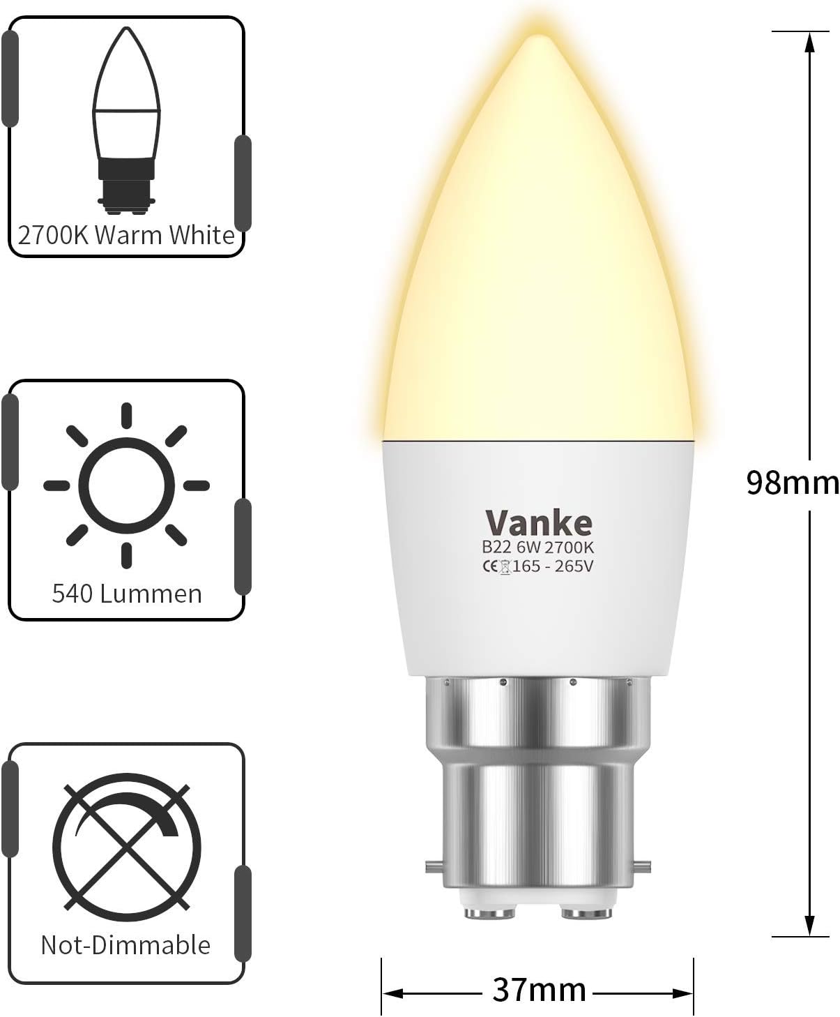 Vanke Bayonet Candle Light Bulb 40w Equivalent, B22 LED Bulbs Warm White 2700K, 6w Energy Saver Bulb, 470 Lumen, Non-Dimmable, 3-Pack - Image 3