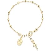Miabella 18K Gold Plated 925 Sterling Silver Italian Rosary Cross Bead Charm Link Chain Bracelet for Women, Adjustable, Made in Italy